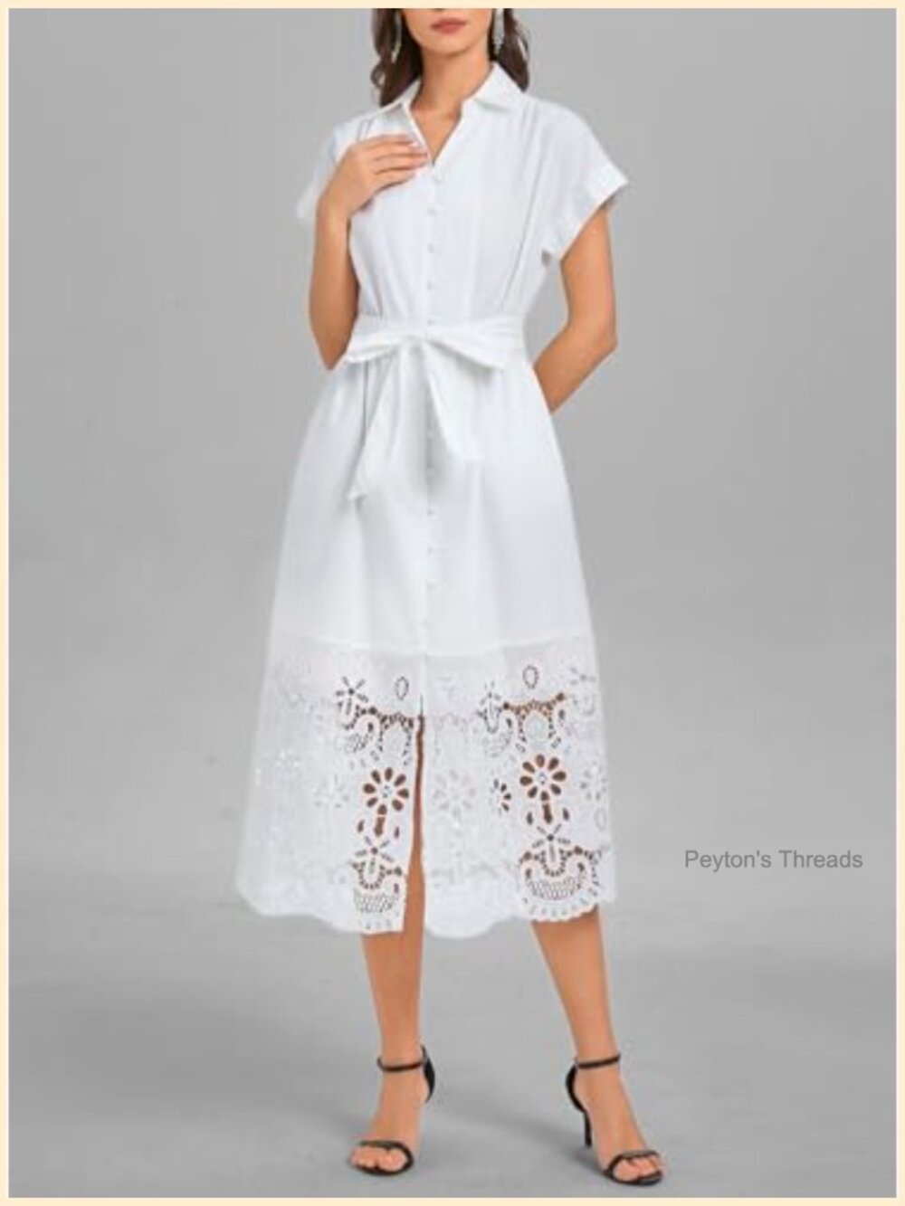 Button Down Shirt Dress Belted Short Sleeve Midi A-Line Business Dress - Picture 6 of 7